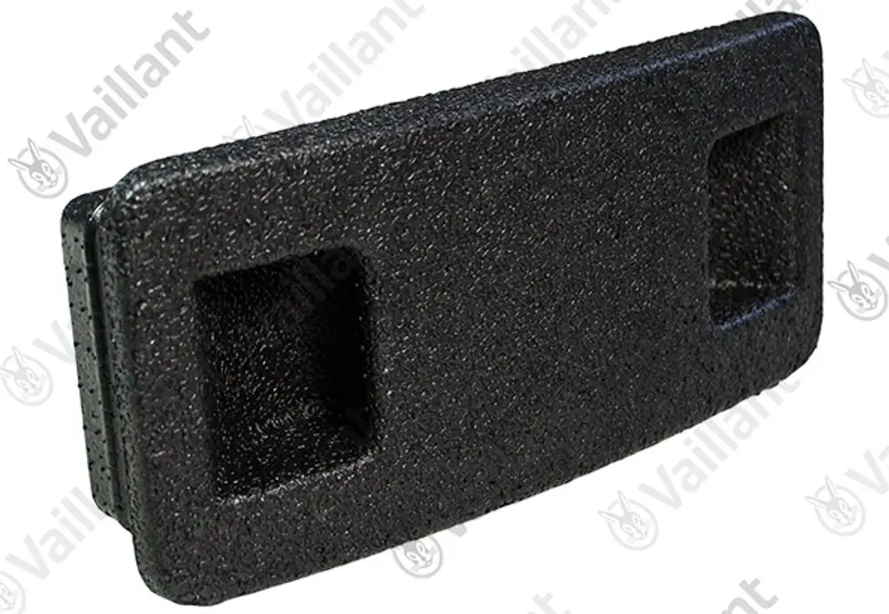 Schwarzes, rechteckiges Kunststoffteil mit zwei Aussparungen, möglicherweise ein Griff für Vaillant-Filter. Holzmaserung auf der Oberfläche, keine weiteren Informationen sichtbar.